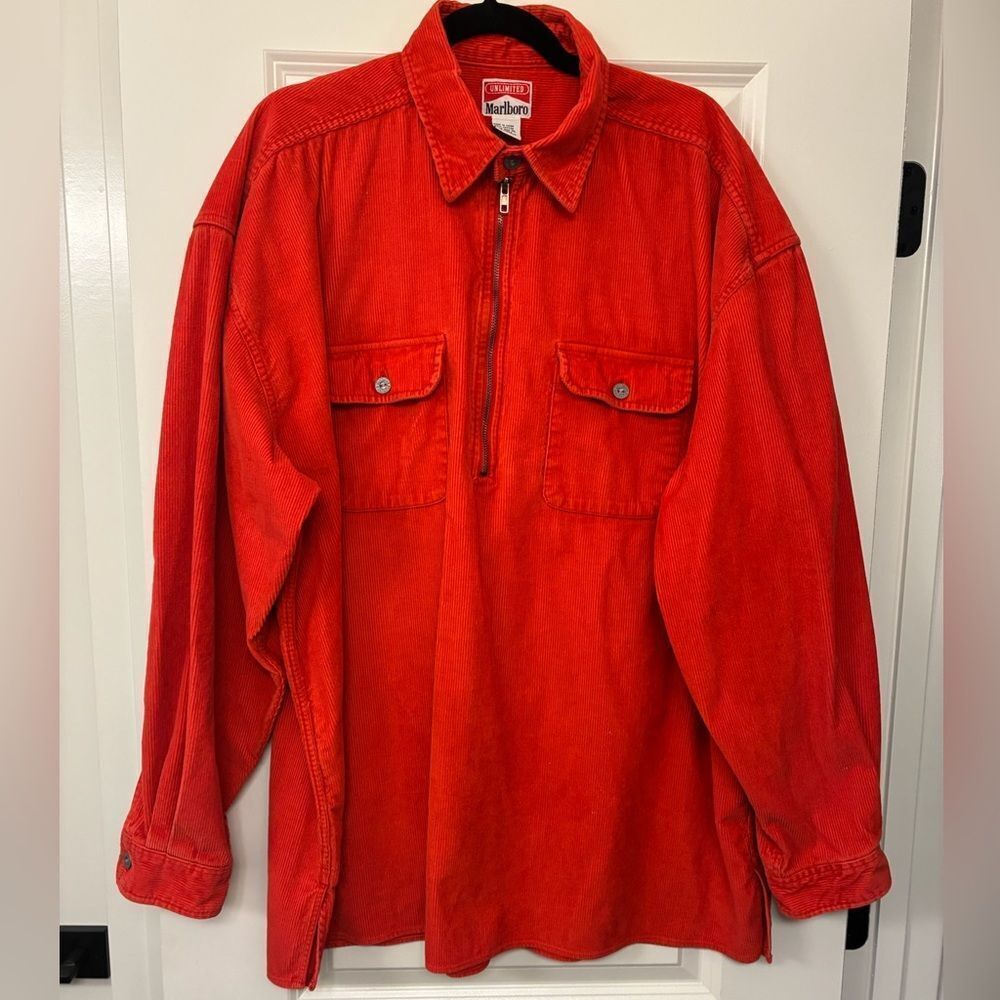 Vintage 90’s MARLBORO Red Corduroy Half Zip Adventure Team Shirt Size XL